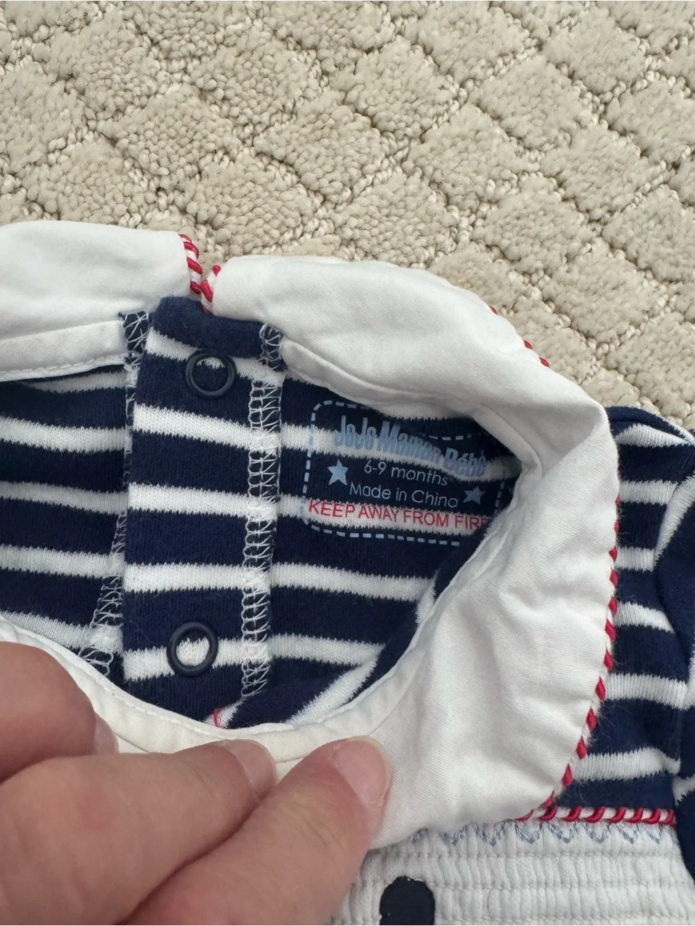 JoJo Maman Bebe Navy and White Striped Footie with British Toy Soldier Smocking